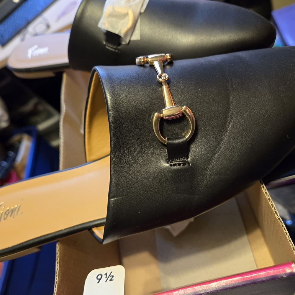 Black Leather Mules with Gold Buckle